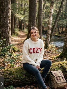 Cozy Cream Knit Sweater with Red 'COZY' Script ptp 23